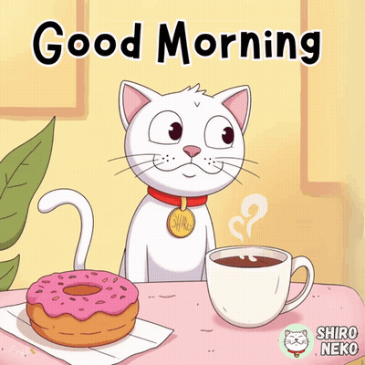 A Cartoon Of A Cat Sitting At A Table Next To A Cup Of Coffee And A Donut GIF