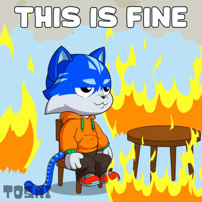 A Cartoon Of A Cat Sitting In Front Of A Fire With The Words " This Is Fine " Above Him GIF