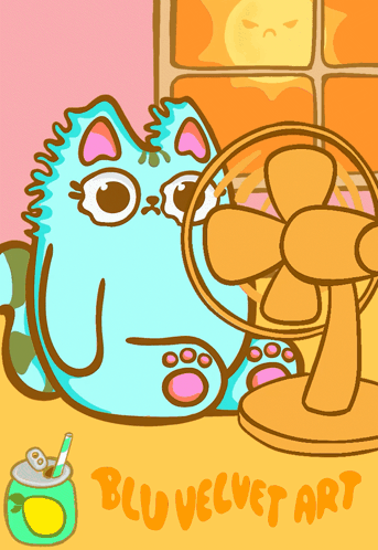 A Cartoon Of A Cat Sitting Next To A Fan With The Words Blu Velvet Art Written On The Bottom GIF