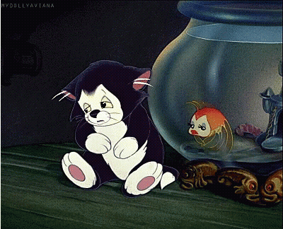 A Cartoon Of A Cat Sitting Next To A Fish Bowl With The Words Mydollyaviana Written On The Bottom GIF