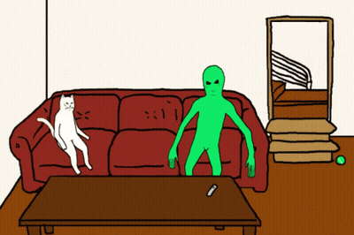 A Cartoon Of A Cat Sitting On A Red Couch Next To A Green Alien GIF