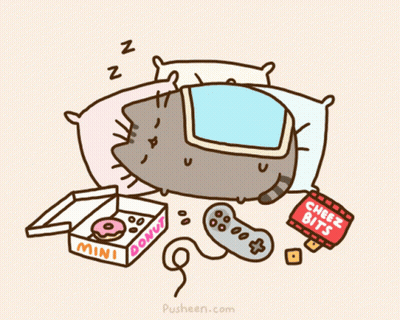 A Cartoon Of A Cat Sleeping Next To A Box Of Mini Donuts And Cheez Bits GIF