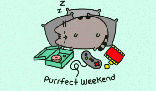 A Cartoon Of A Cat Sleeping With The Words Purrfect Weekend Below GIF