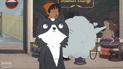A Cartoon Of A Cat Smoking A Hookah In Front Of A Store That Says Open GIF