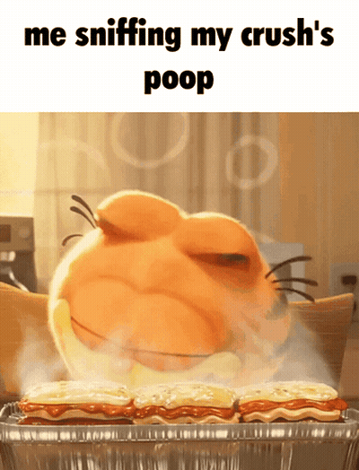 A Cartoon Of A Cat Sniffing A Tray Of Food With The Caption Me Sniffing My Crush 'S Poop GIF