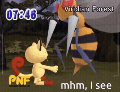 A Cartoon Of A Cat Standing Next To A Bee With The Words Viridian Forest At The Top GIF