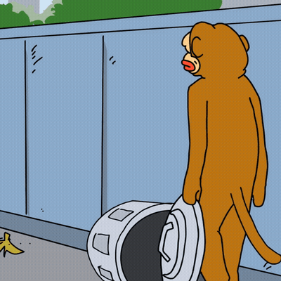 A Cartoon Of A Cat Throwing A Banana Peel Into A Trash Can GIF