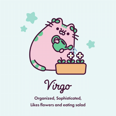 A Cartoon Of A Cat Watering Flowers With The Name Virgo Written Below It GIF
