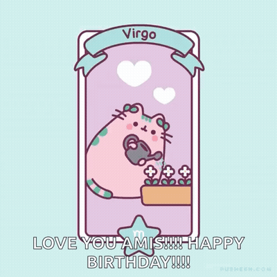 A Cartoon Of A Cat Watering Flowers With The Words " Love You Amis " GIF