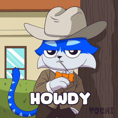 A Cartoon Of A Cat Wearing A Cowboy Hat And A Bow Tie Says Howdy GIF