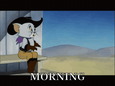 A Cartoon Of A Cat Wearing A Cowboy Hat And Boots Sitting On A Bench With The Caption Morning GIF
