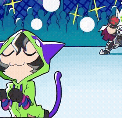 A Cartoon Of A Cat Wearing A Green Hoodie And A Purple Tail Standing Next To A Man In Armor . GIF