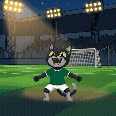 A Cartoon Of A Cat Wearing A Green Shirt And White Shorts Standing On A Soccer Field GIF