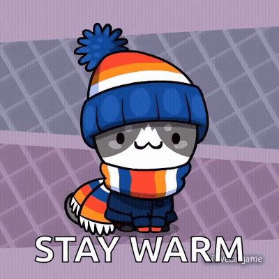 A Cartoon Of A Cat Wearing A Hat And Scarf With The Words Stay Warm Below It GIF