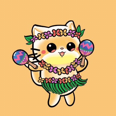 A Cartoon Of A Cat Wearing A Hawaiian Skirt And Holding Maracas GIF