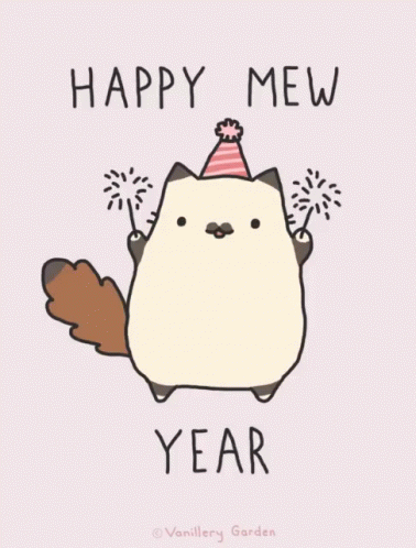 A Cartoon Of A Cat Wearing A Party Hat And Holding Sparklers With The Words Happy Mew Year Below It GIF