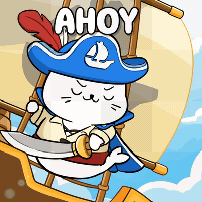 A Cartoon Of A Cat Wearing A Pirate Hat And Holding A Sword With The Word Ahoy Above Him GIF