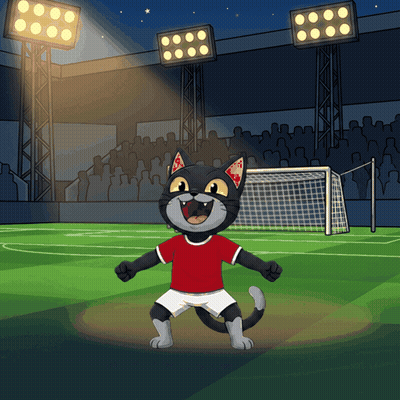 A Cartoon Of A Cat Wearing A Red Shirt And White Shorts On A Soccer Field GIF