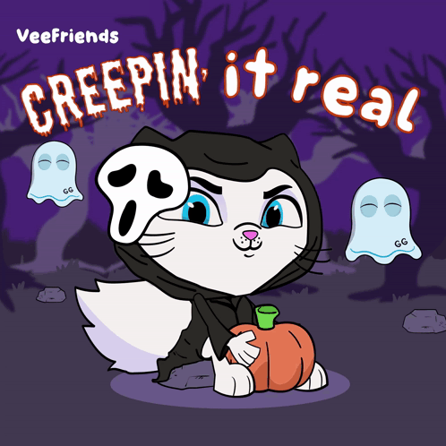 A Cartoon Of A Cat Wearing A Scream Mask And Holding A Pumpkin GIF