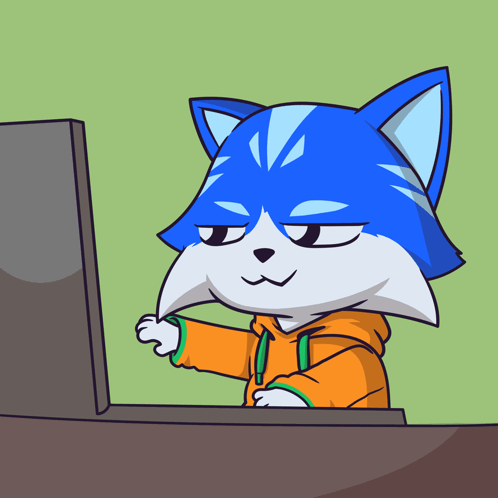 A Cartoon Of A Cat Wearing An Orange Hoodie Looking At A Laptop GIF