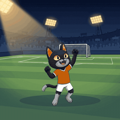 A Cartoon Of A Cat Wearing An Orange Shirt And White Shorts Standing On A Soccer Field GIF