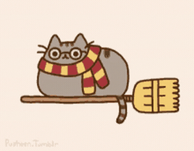 A Cartoon Of A Cat Wearing Glasses And A Scarf Flying On A Broom GIF