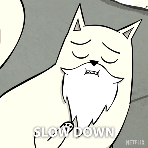 A Cartoon Of A Cat With A Beard Says Slow Down On The Bottom GIF