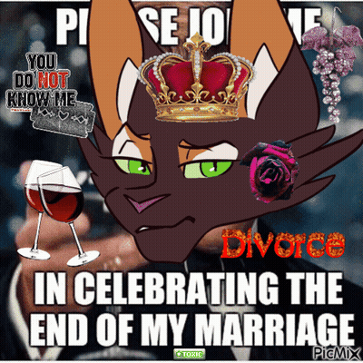 A Cartoon Of A Cat With A Crown On His Head And The Words " In Celebrating The End Of My Marriage " On The Bottom GIF