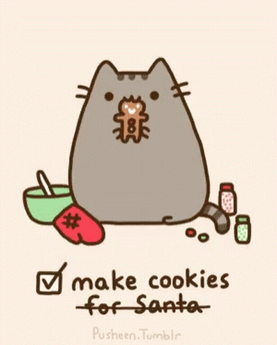 A Cartoon Of A Cat With A Gingerbread Man In Its Mouth That Says " Make Cookies For Santa " GIF