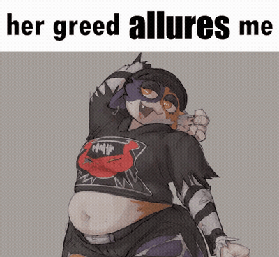 A Cartoon Of A Cat With A Hoodie That Says Her Greed Allures Me . GIF