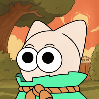 A Cartoon Of A Cat With Big Eyes And A Green Scarf Around His Neck GIF