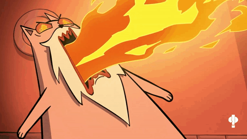 A Cartoon Of A Cat With Flames Coming Out Of It 'S Mouth GIF