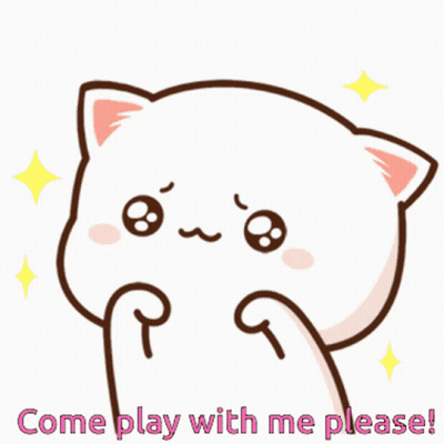 A Cartoon Of A Cat With The Words Come Play With Me Please Written Below It GIF