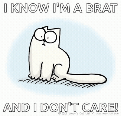 A Cartoon Of A Cat With The Words " I Know I 'M Mabrat And I Don 'T Care " GIF