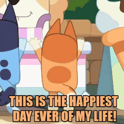 A Cartoon Of A Cat With The Words " This Is The Happiest Day Ever Of My Life " GIF