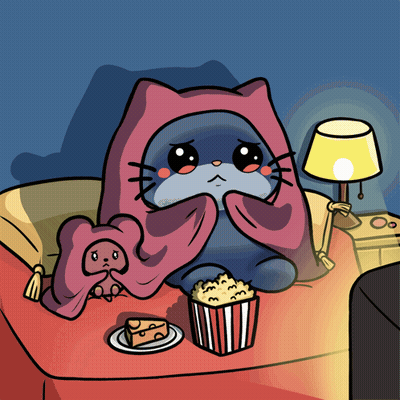 A Cartoon Of A Cat Wrapped In A Pink Blanket Eating Popcorn And Cheesecake GIF