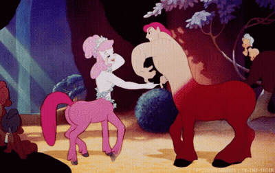 A Cartoon Of A Centaur Holding A Woman 'S Hand In A Forest GIF