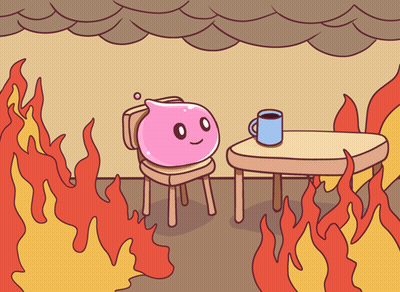 A Cartoon Of A Chair And A Table With A Cup Of Coffee GIF