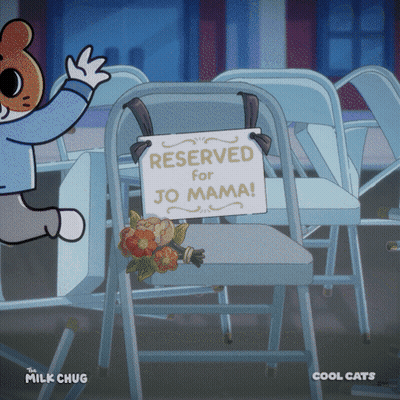 A Cartoon Of A Chair That Has A Reserved For Jo Mama Sign On It GIF