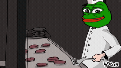A Cartoon Of A Chef With A Frog Head Is Cooking Hamburgers For $ 9T05 GIF