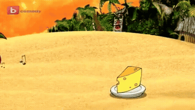 A Cartoon Of A Cherry And A Piece Of Cheese On A Plate With The B Comedy Logo In The Background GIF