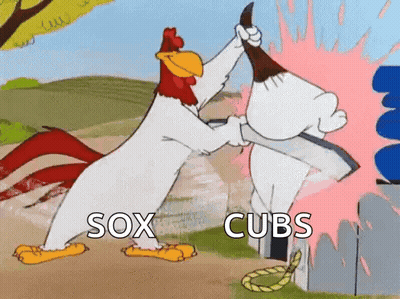 a cartoon of a chicken and a bear fighting with the words sox cubs written on the bottom