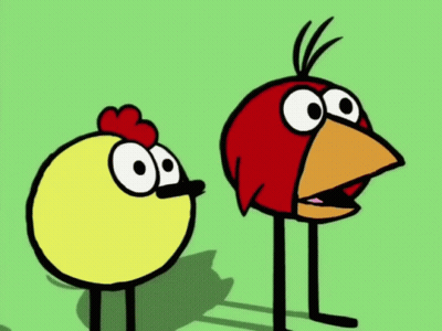 A Cartoon Of A Chicken And A Red Bird Standing Next To Each Other GIF