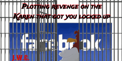 A Cartoon Of A Chicken Behind Bars With The Words Plotting Revenge On Karen That Got You Locked Up GIF