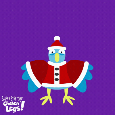 A Cartoon Of A Chicken Dressed As Santa Claus With Super Stretchy Chicken Legs Written Underneath It GIF