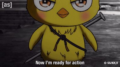 A Cartoon Of A Chicken Holding A Nail With The Words Now I 'M Ready For Action Below It GIF
