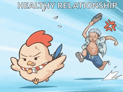 A Cartoon Of A Chicken Running Away From An Angry Man With The Words Healthy Relationship Below It GIF