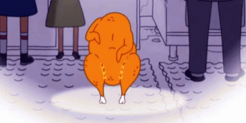 A Cartoon Of A Chicken Standing In Front Of A Group Of People GIF