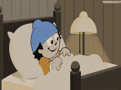 A Cartoon Of A Child Laying In Bed With A Blue Hat On His Head GIF