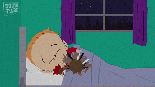 A Cartoon Of A Child Sleeping In A Bed With A Sign That Says South Park GIF